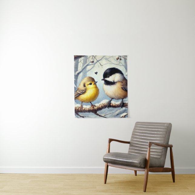 Love Birds In a Frozen Winter Decor Tapestry (In Situ)