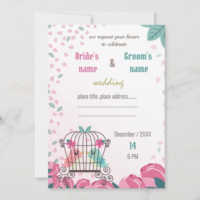 love birds in cage floral wedding invitation card (Front)