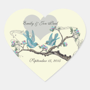 Love Birds in Tree Pink Aqua Wedding Stickers