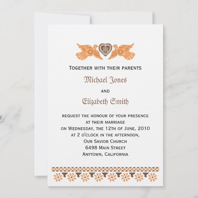Love Birds Invitation - Persimmon/Brown on linen (Front)
