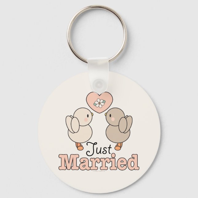 Love Birds Just Married Wedding Keychain (Front)