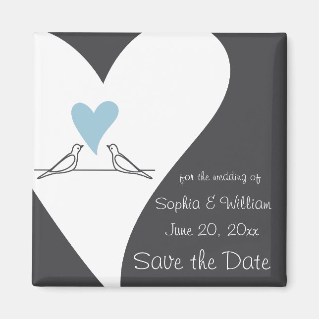 Love Birds Light Blue Heart Wedding Save The Date Magnet (Front)