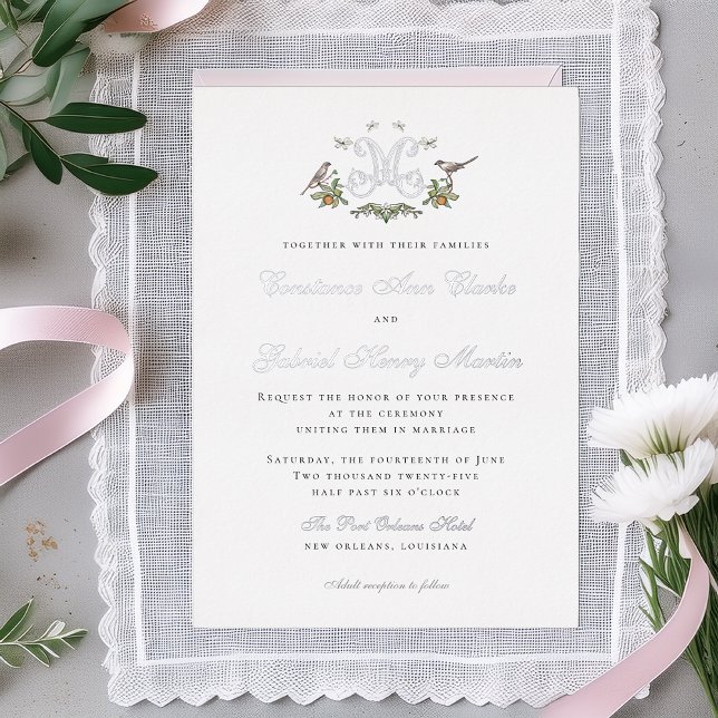 Love Birds "M" Monogram Foil Wedding Invitation (Creator Uploaded)