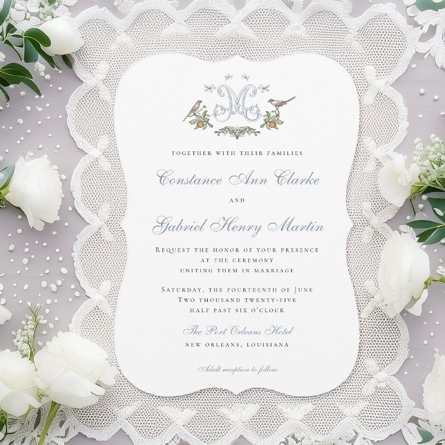 Love Birds "M" Monogram Wedding Invitation (Creator Uploaded)