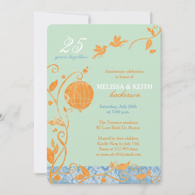 Love Birds Mint 25th Wedding Anniversary Party Invitation (Front)