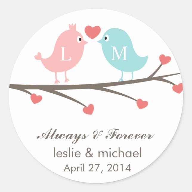 Love Birds Monogram Wedding Favour Stickers (Front)