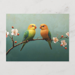 Love Birds on a Pink Flowering Branch Postcard
