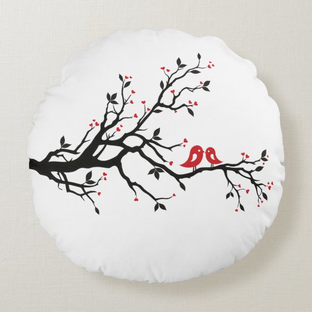 Love Birds on Branch – Romantic Red Heart Tree Art Round Cushion (Front)