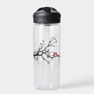 Love Birds on Branch – Romantic Red Heart Tree Art Water Bottle
