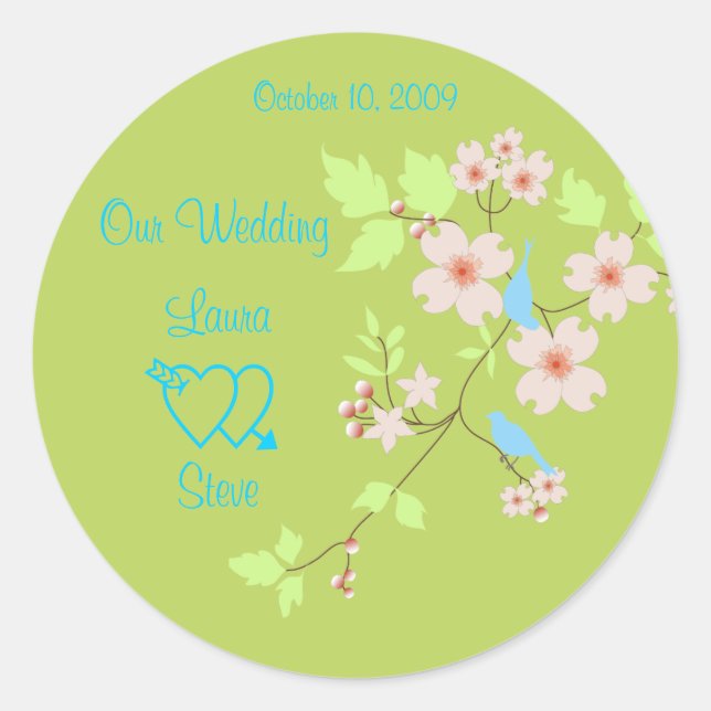 Love Birds on Dogwood Branch wedding stickers (Front)