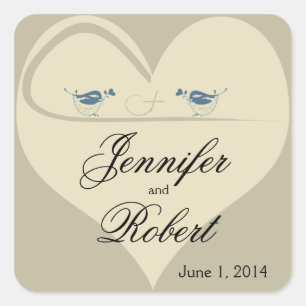 Love Birds on Ecru Heart Wedding Square Sticker