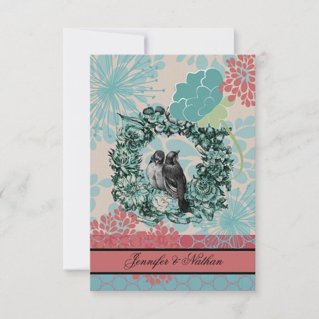 Love Birds on Floral Wreath RSVP Card (Front)