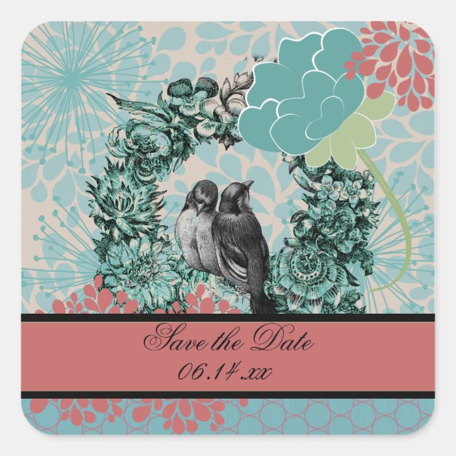 Love Birds on Floral Wreath Save the Date Stickers (Front)