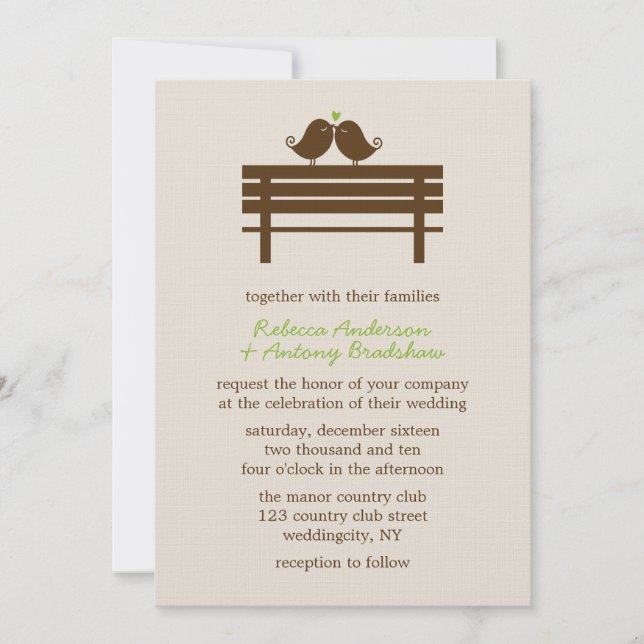Love Birds on Park Bench Wedding Invitation (Front)