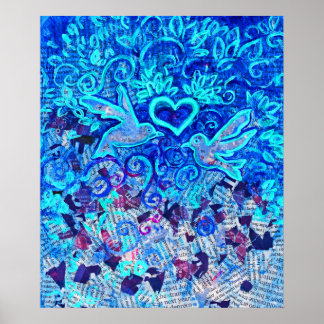 Love Birds, on recycled text, 22" x 28" Poster