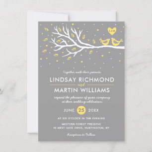 Love Birds on Tree Wedding Invitation Yellow Grey