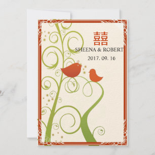 Love Birds on Trees Floral Swirls Chinese Wedding Invitation