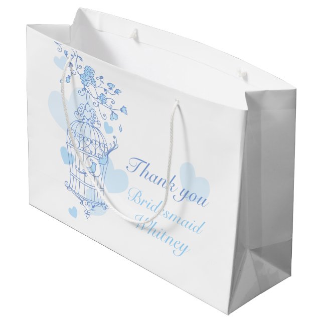 Love birds open birdcage blue wedding favour bag (Back Angled)