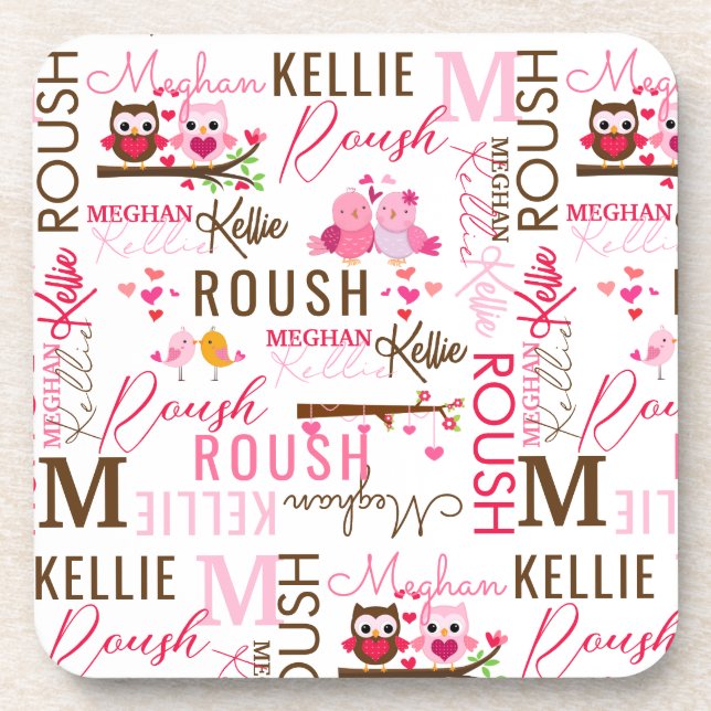 Love Birds Owls with Name and Monogram Collage Coaster (Front)
