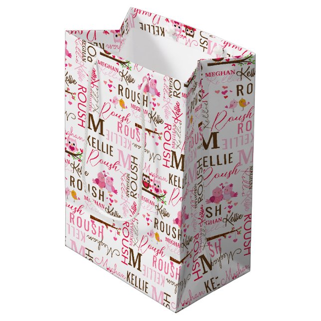 Love Birds Owls with Name and Monogram Collage Medium Gift Bag (Front Angled)