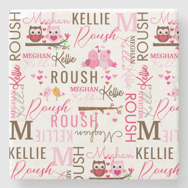 Love Birds Owls with Name and Monogram Collage Stone Coaster (Front)