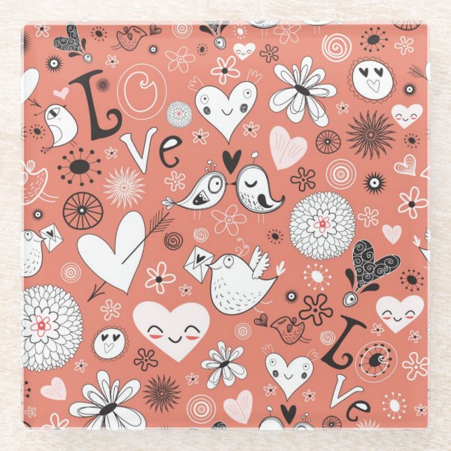 Love Birds Pattern Glass Coaster (Front)
