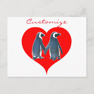 Love Birds Penguin Couple Red Hearts Thunder_Cove Postcard