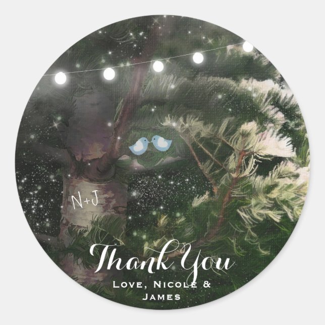 Love Birds + Pine Tree Night Wedding Favour Custom Classic Round Sticker (Front)