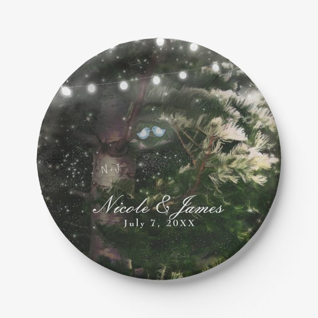 Love Birds + Pine Tree Night Wedding Reception Paper Plate (Front)