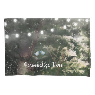 Love Birds + Pine Tree Night Whimsical Custom Name Pillowcase