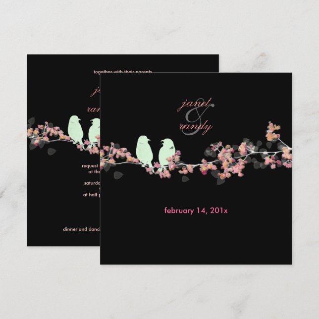 LOVE BIRDS/PINK CHERRY BLOSSOMS/SAKURA/DIY BCKGRND INVITATION (Front/Back)