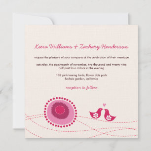 Love Birds Pink Dots Cute Flowers Wedding Invite