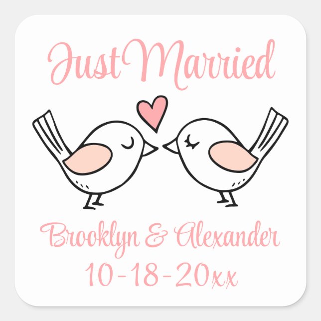 Love Birds Pink Just Married Lovebirds Wedding   Square Sticker (Front)
