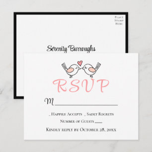 Love Birds Pink Lovebirds Black Wedding RSVP Postcard