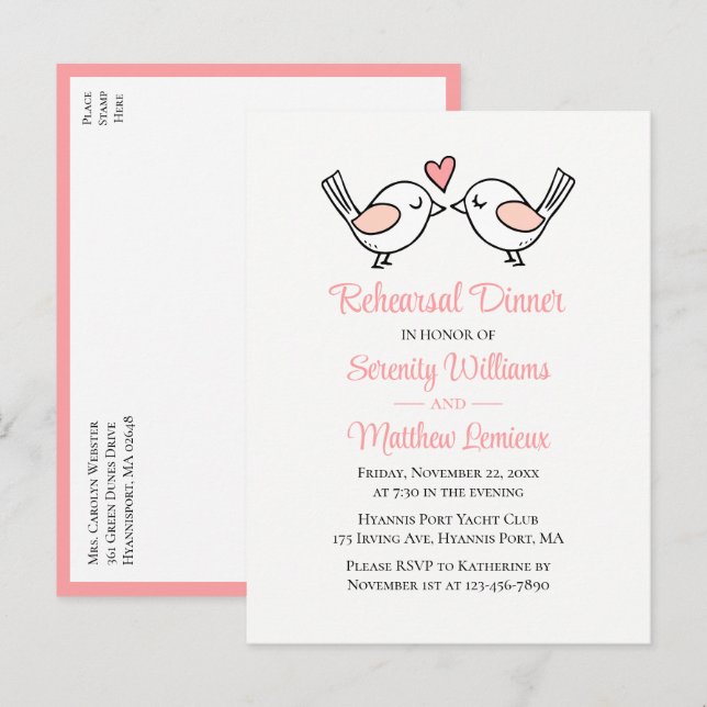 Love Birds Pink Wedding Lovebirds Rehearsal Dinner Invitation Postcard (Front/Back)