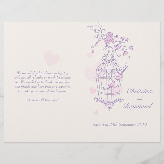 Love birds purple pink large Wedding Programme (Front)