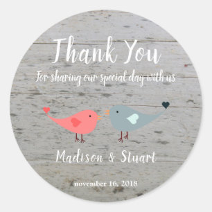 Love birds rustic wood Wedding Thank You Favour Classic Round Sticker