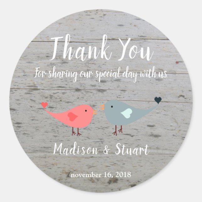 Love birds rustic wood Wedding Thank You Favour Classic Round Sticker (Front)