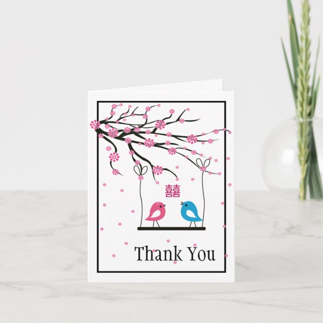 Love Birds Sakura Double Happiness Wedding Thank You Card (Front)