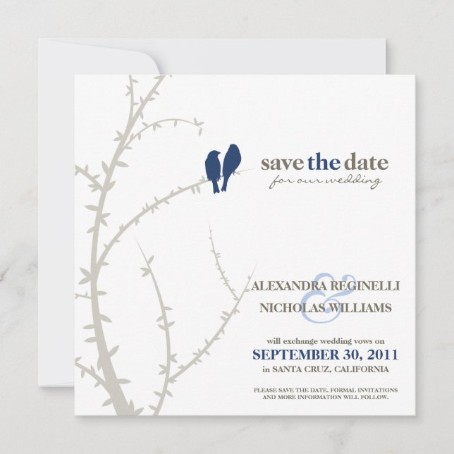 Love Birds Save the Date Announcement (navy) (Front)