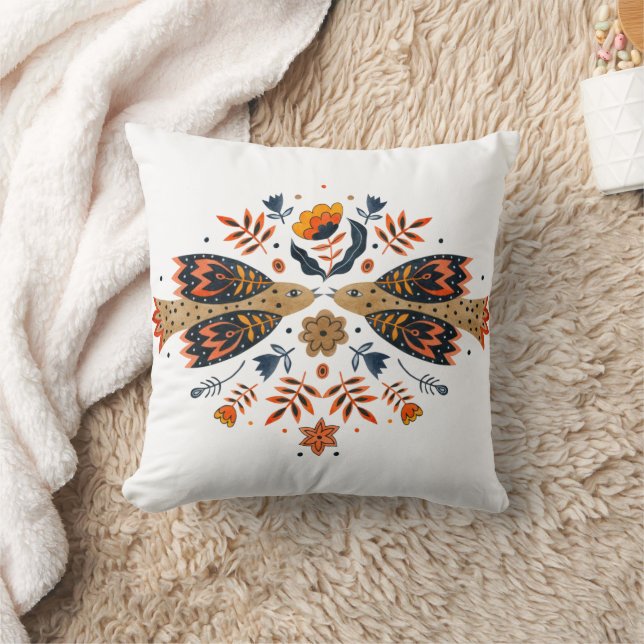 Love Birds Scandinavian Folk Art Cushion (Blanket)