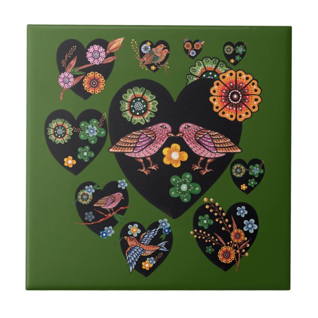 Love Birds Scandinavian Folk Art Tile (Front)
