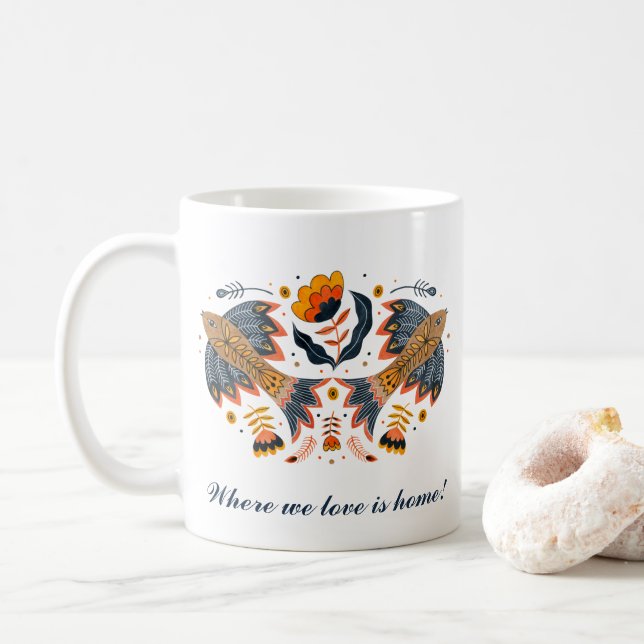 Love Birds Scandinavian Folk Art Valentine's Day Coffee Mug (With Donut)