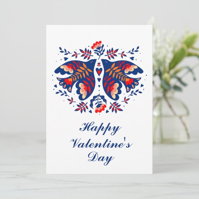 Love Birds Scandinavian Folk Art Valentine's Day Holiday Card (Standing Front)