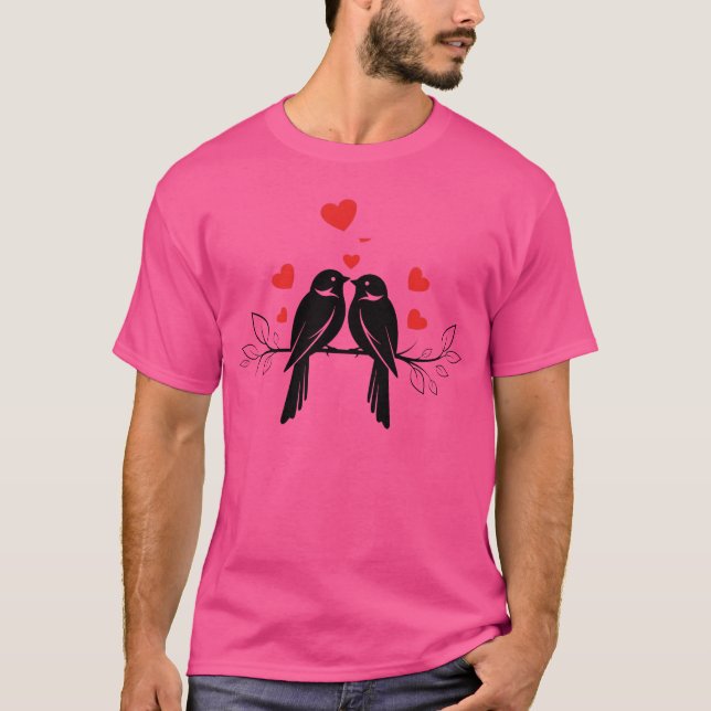 Love Birds Silhouette with Floating Hearts – Roman T-Shirt (Front)