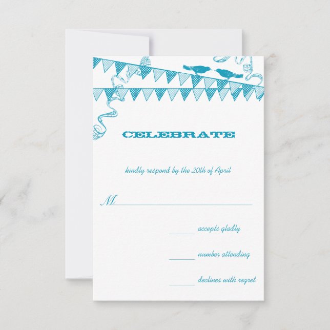 Love Birds Sitting on a Retro Blue Bunting Invitation (Front)