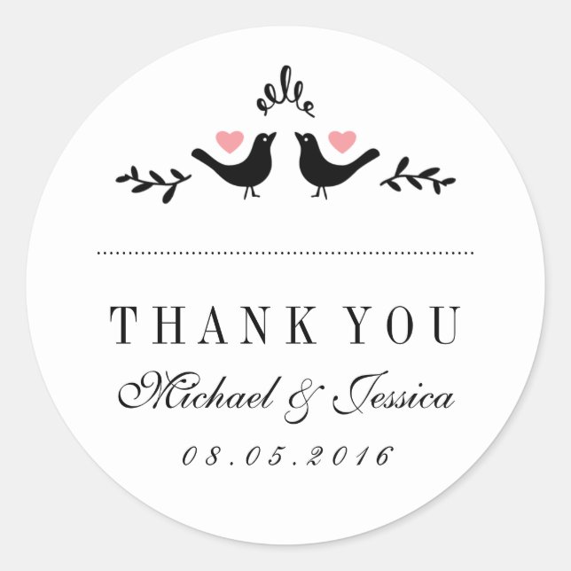 Love Birds Small Hearts Wedding Thank You Sticker (Front)
