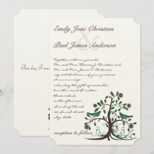 Love Birds Teal & Brown Tree Wedding Invitation