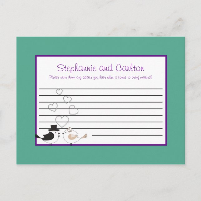 Love Birds Teal/Purple Wedding Advice Card (Front)