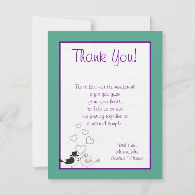Love Birds Teal/Purple Wedding Thank You Card (Front)